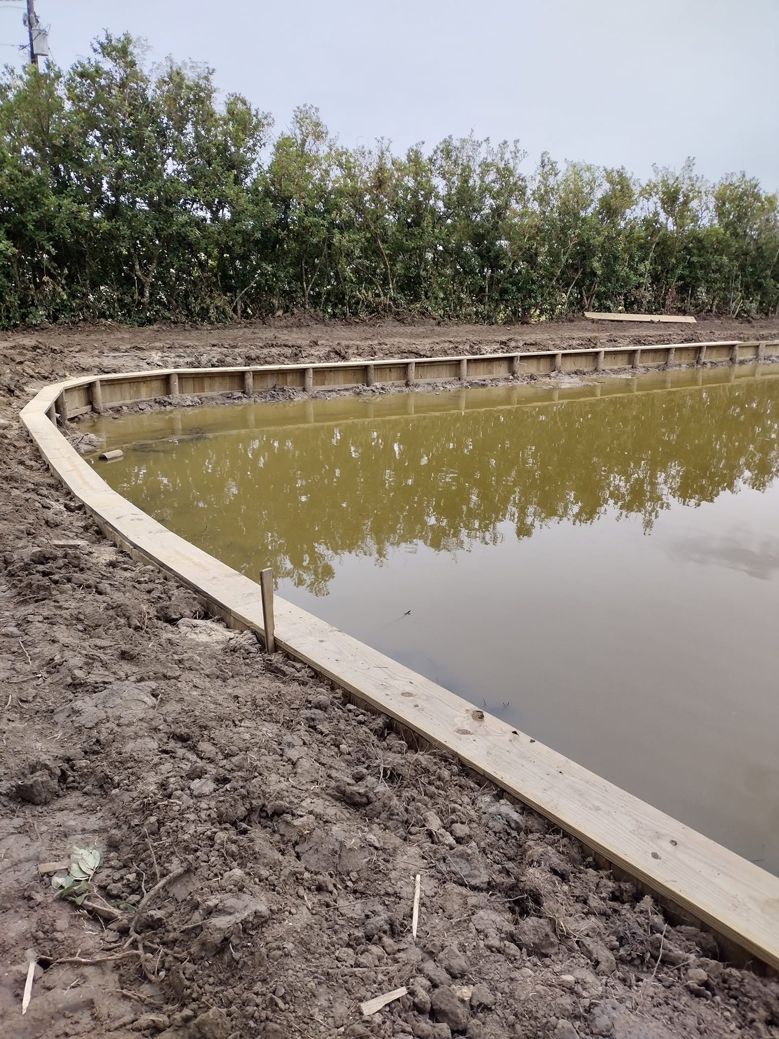 Curved timber bulkhead following a bayou bank to stop shoreline erosion